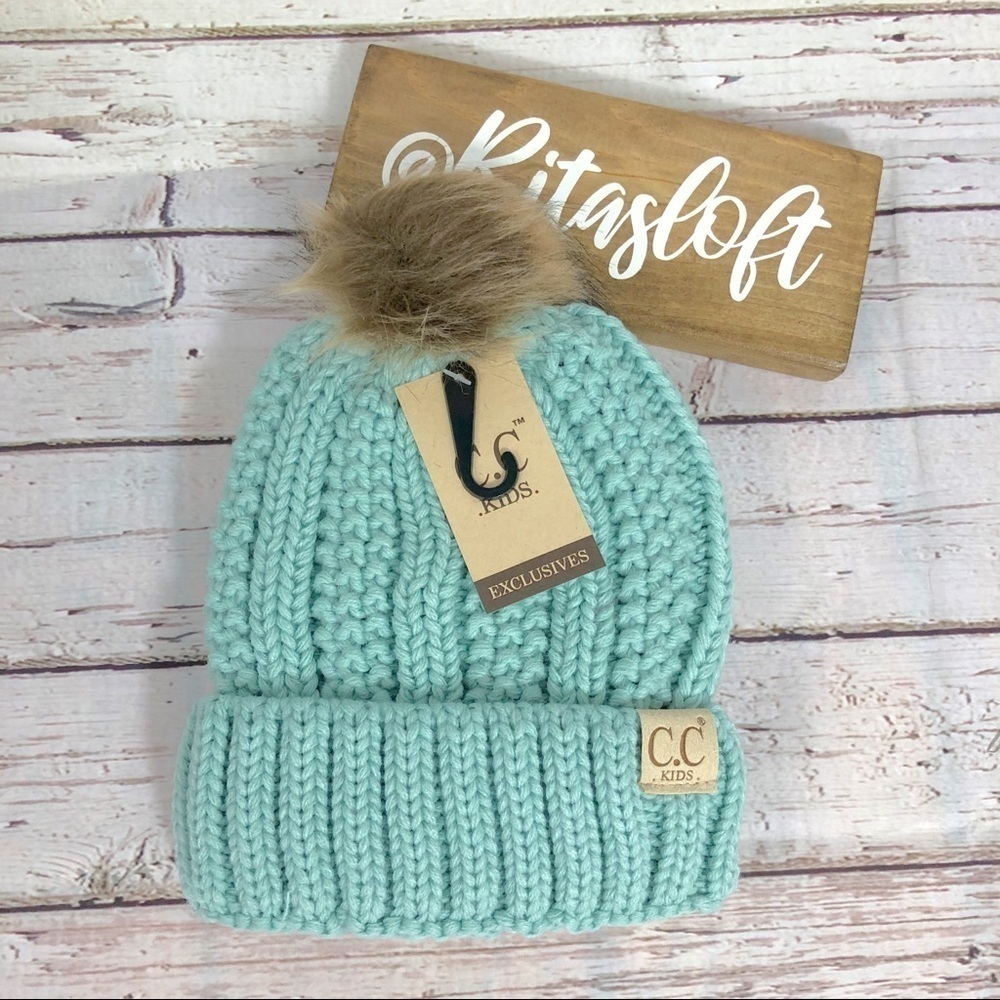 Kids CC Beanie Lined Hat Cable Knit with Pom‎